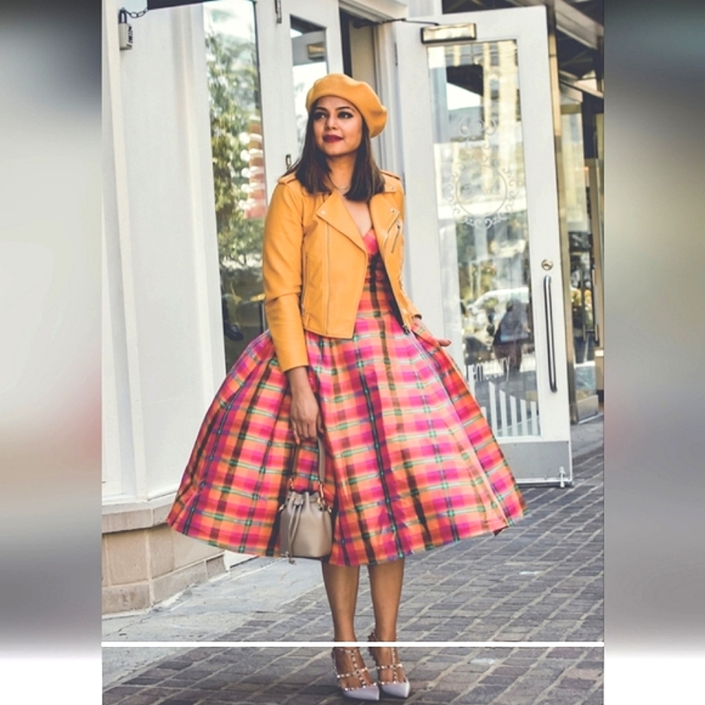 Issac Mizrahi 20th Anniversary Silk Pink/Orange Green/Blue Plaid Midi Dr…